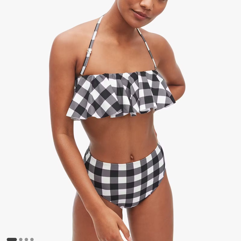 Kate Spade Black White Shoreside Plaid Ruffle Bandeau Top W/ High Waist Bottoms